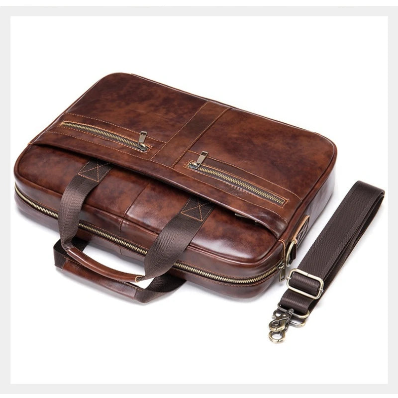 Top-Grain Cowhide Leather Briefcase | Business Laptop Bag with Shoulder Strap
