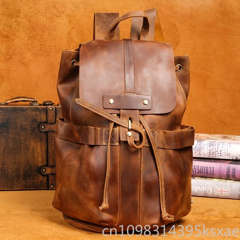 Miflame Vintage Crazy Horse Leather Backpack – Top Grain, Large Capacity, Laptop