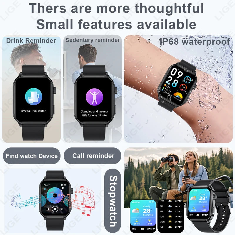 LIGE Smart Watch – 2.01" Display, IP68, Flashlight, 123 Sport Modes, Bluetooth Calling