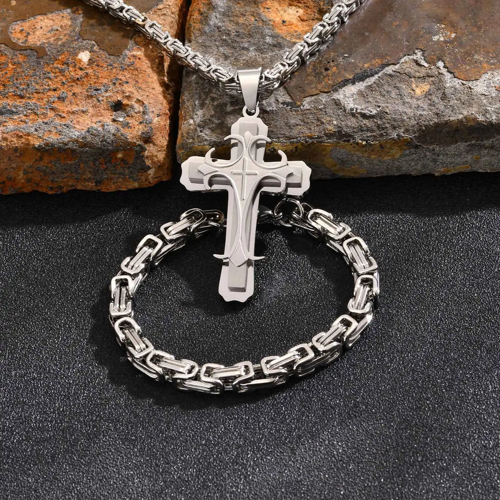 Mens Cross Pendant Necklace Sets,Two Tone Stainless Steel Byzantine Bracelets,Punk Jewelry Sets Gift to Husband Father Dad BBF