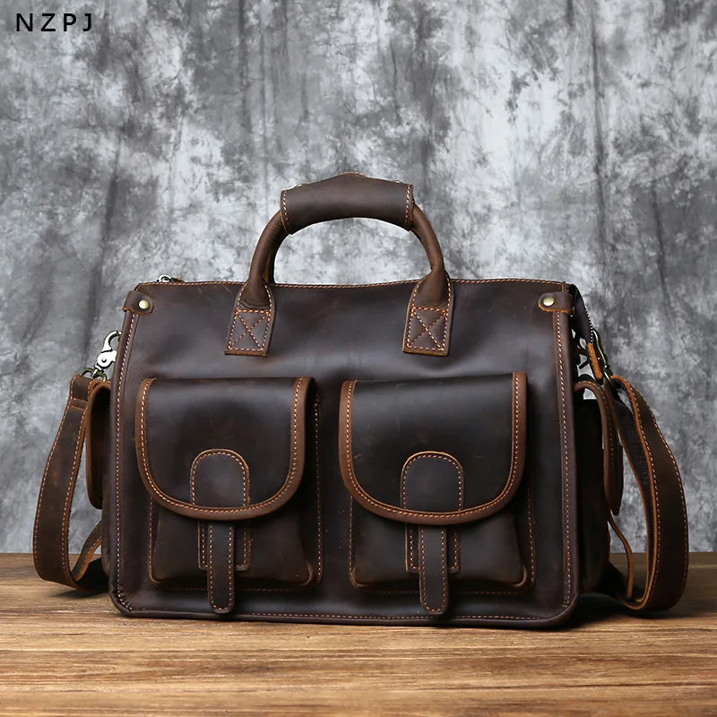 Men's Crazy Horse Leather Briefcase – Vintage Cowhide Satchel, 14" Laptop, Shoulder & Crossbody