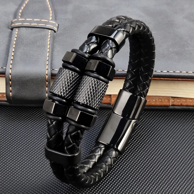 Fashion Luxury Stainless Steel Beaded Hexagon Bracelet Men's Jewelry Classic Multilayer Braided Leather Bracelet Homme Men Gift