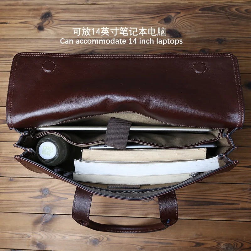 Men's Genuine Leather Briefcase – Magnetic Hasp Satchel, Trolley Sleeve, 14" Laptop