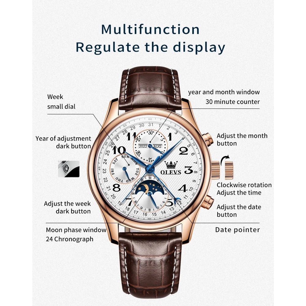 OLEVS Original Automatic Mechanical Watch for Men Leather Strap Moon Phase Waterproof  Week Calendar Business Men's Wristwatches