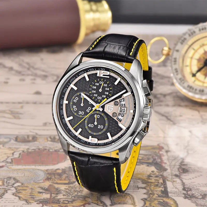 Pagani Design RPD-3306 Quartz Chronograph Watch – 44.5mm, Leather Strap, Date Display