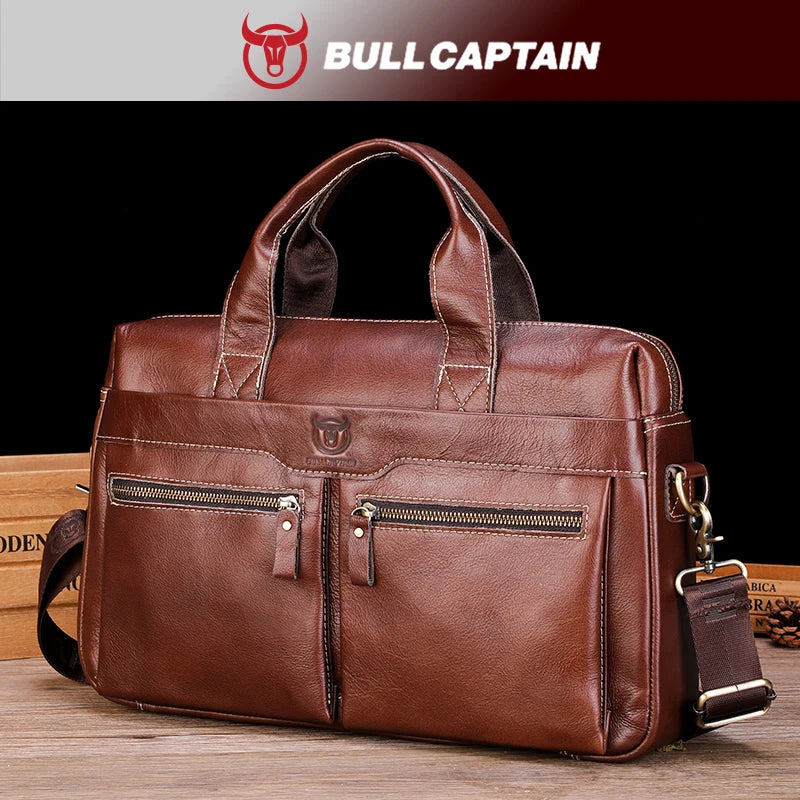 Genuine Leather Briefcase for Men — 14" Laptop Shoulder Bag with Detachable Strap