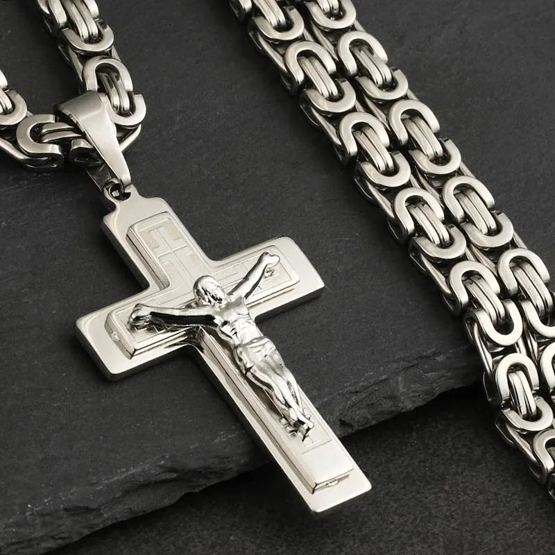 Men's Jesus Cross Pendant Necklace – Long Byzantine Chain, Stainless Steel, Religious