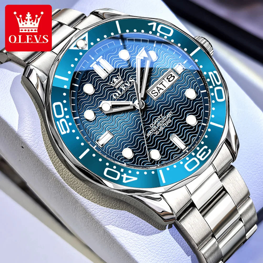 OLEVS Luxury Man Watch Fashion Rotation Bezel Diving Series Original Quartz Wrist Watch for Men Dual Calendar Waterproof Watches