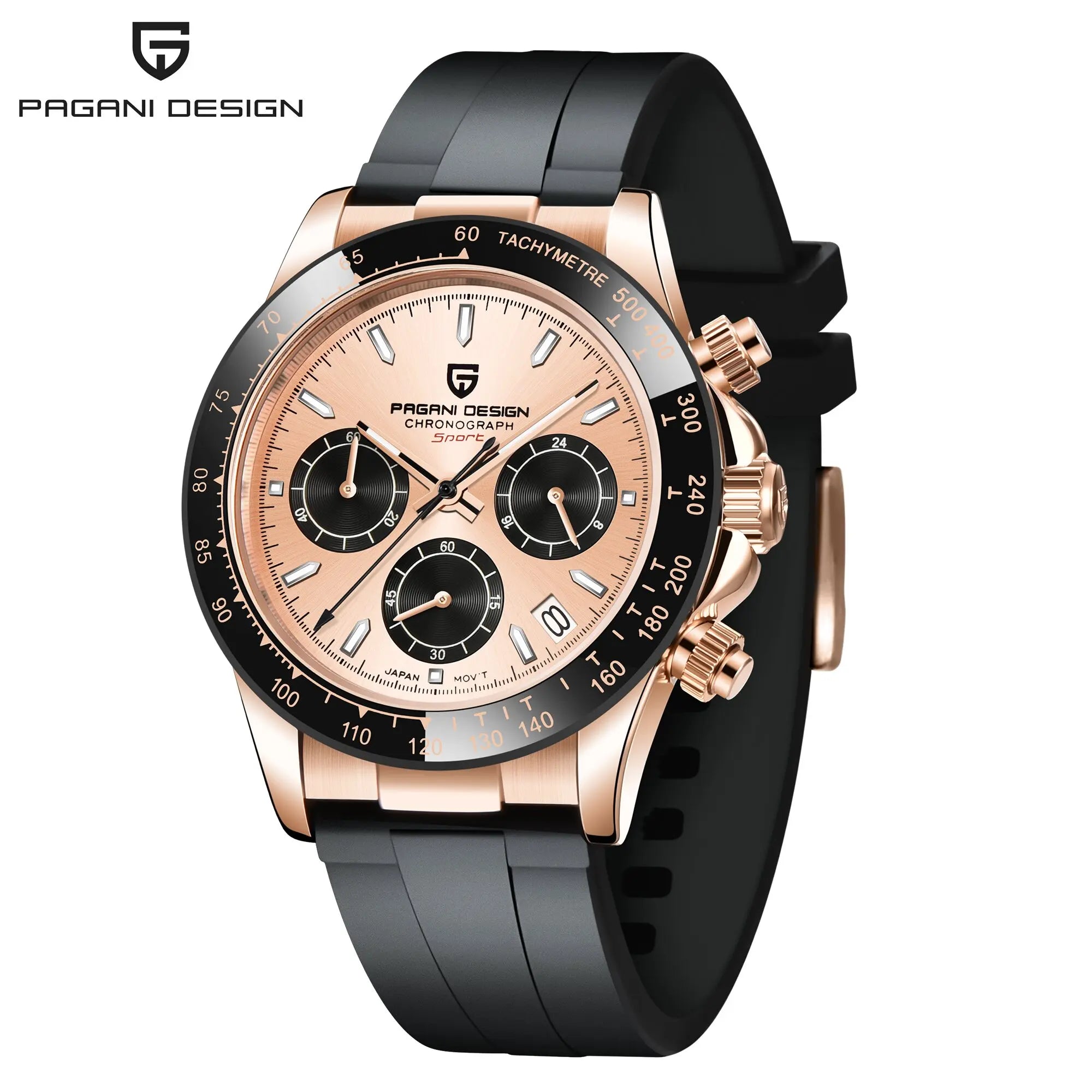 Pagani Design PD1664 Quartz Chronograph Watch – Sapphire Crystal, Rubber Strap, 100m Water Resistant