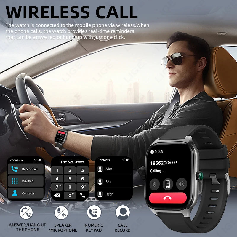 LIGE Smart Watch – 2.01" Display, 123+ Sport Modes, Bluetooth Calling, IP67