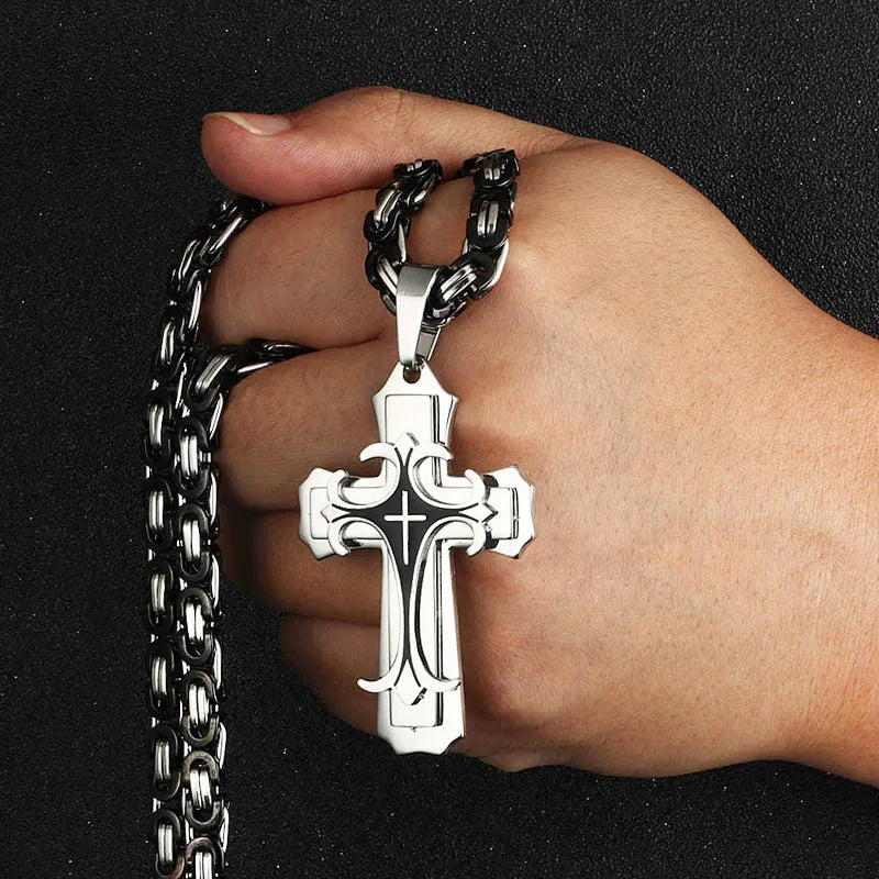 Male Vintage Christian Trinity Latin Cross Necklace Multi-layers Stainless Steel Cross Pendants Necklaces Catholic  Jewelry