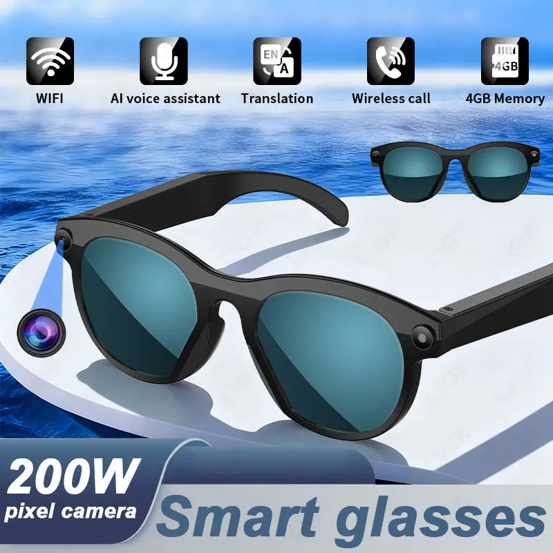 LIGE AI Smart Glasses – Round Frame, LED Flash, AI Translation, Wi-Fi, 2 Lens Pairs
