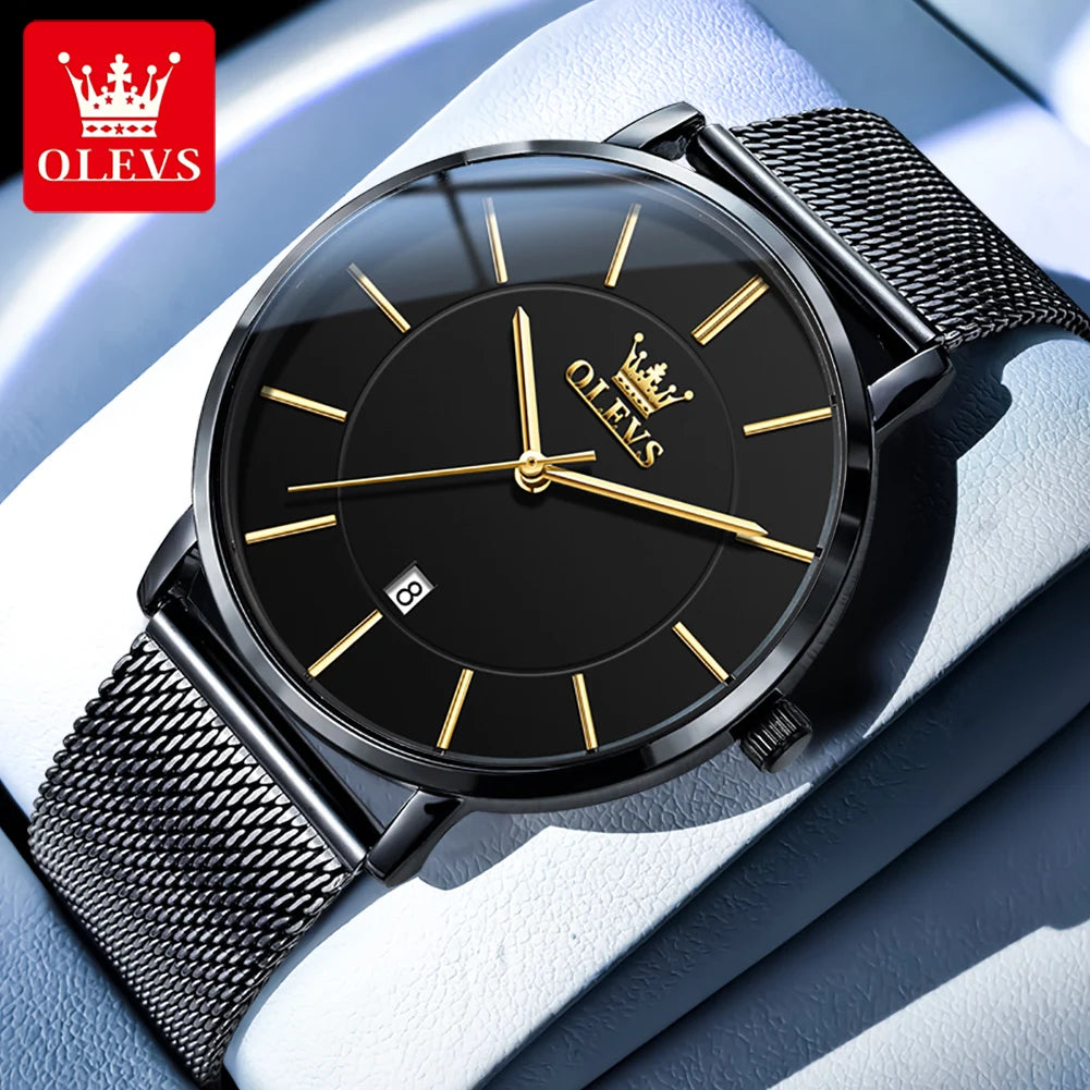 OLEVS Brand 5869 Ultra Thin 6.5mm Minimalist Fashion Quartz Watch for Men Mesh Steel Strap Auto Date Waterproof Men Wristwatches