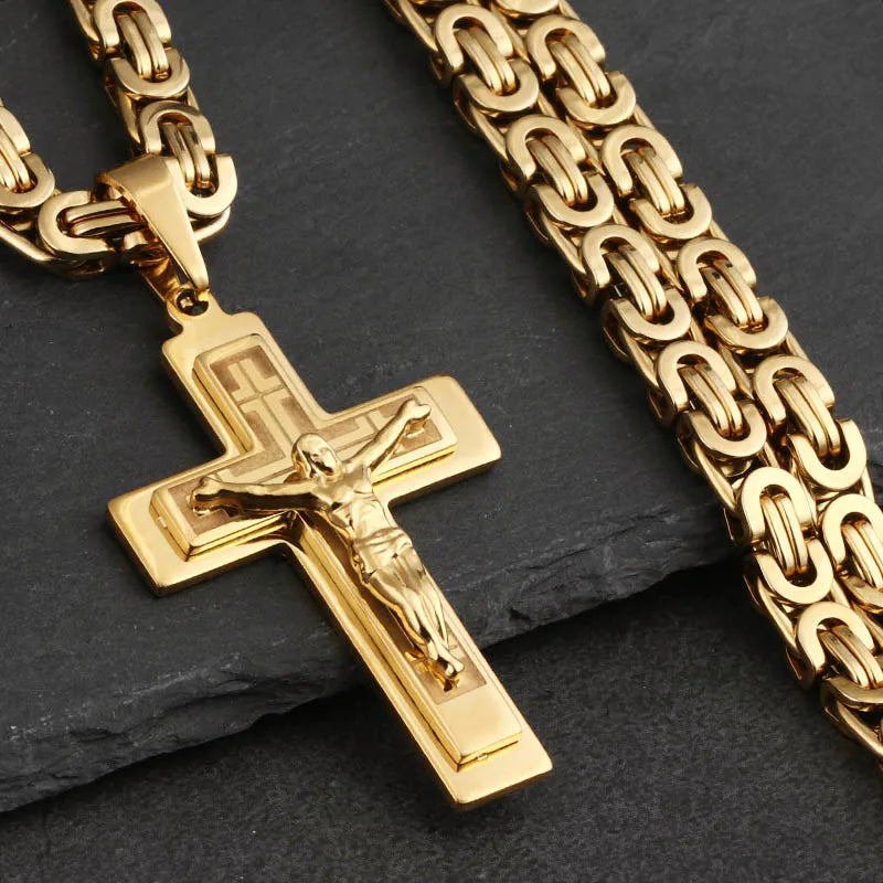 Men's Jesus Cross Pendant Necklace – Long Byzantine Chain, Stainless Steel, Religious