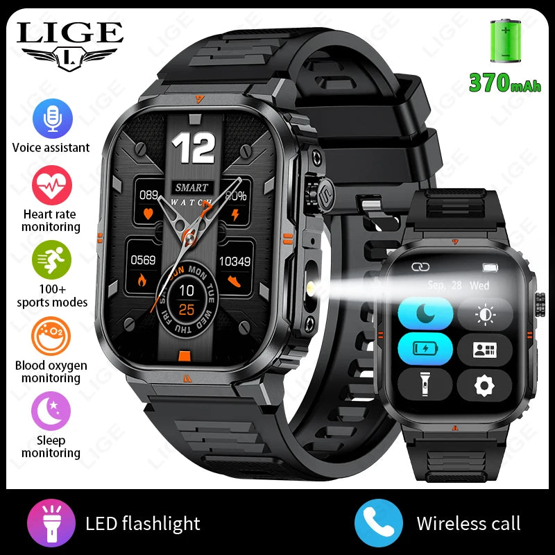 LIGE Smart Watch – 2.01" Display, Flashlight, 40-Day Standby, Bluetooth Calling, IP68