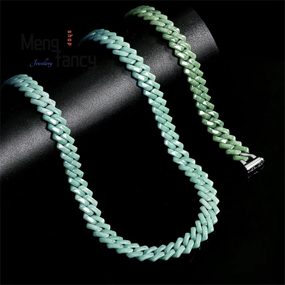Jade Bean Green Blue Water Rhombus Cuban Chain Bracelet Necklace Jade Titanium Steel Hip - Hop Style Trendy Fashion Luxury Jewel
