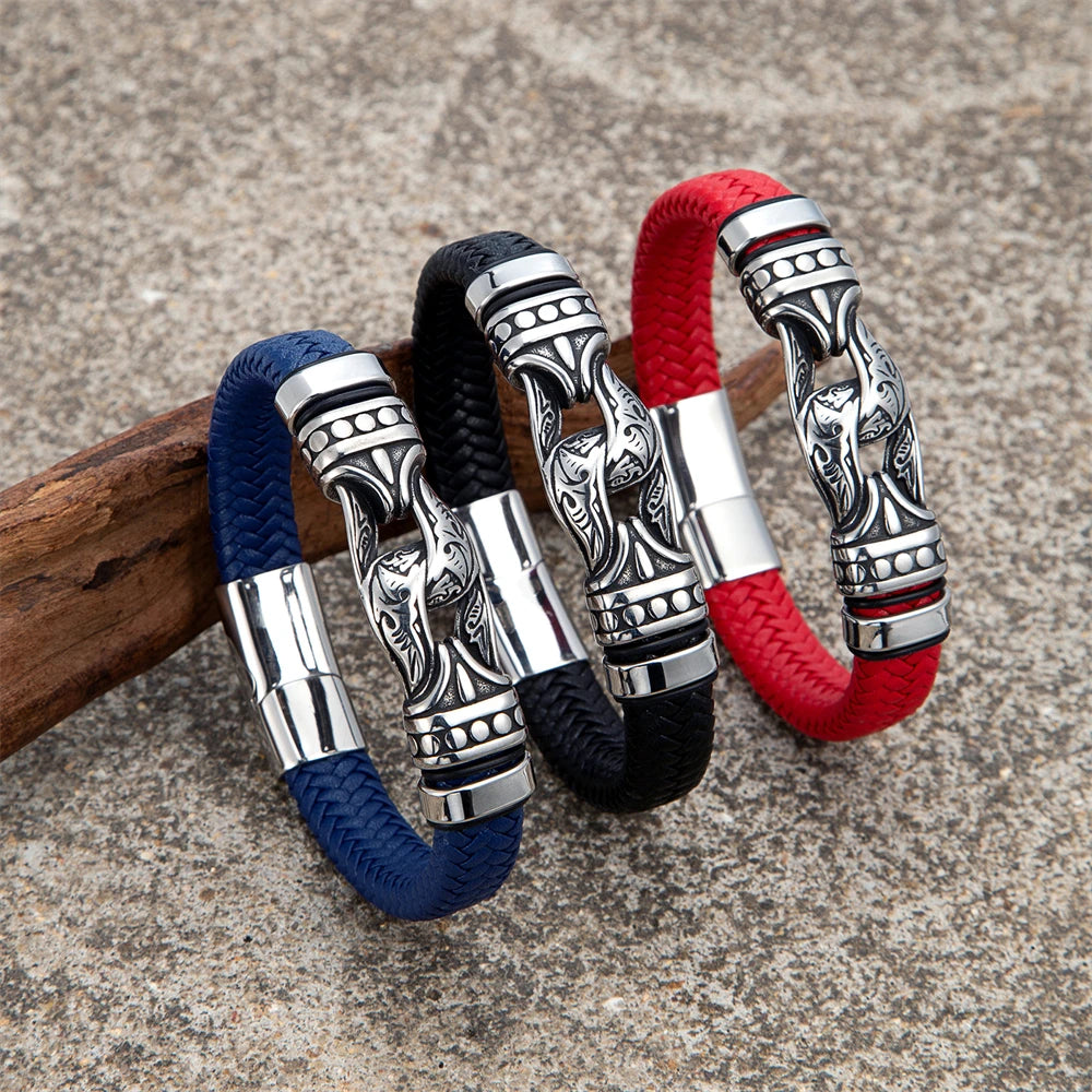 Handmade Leather Weaved Men's Bracelets Stainless Stee Infinity Viking Charm Cuff Bangle Wristband Vintage Jewelry Gift for Dad