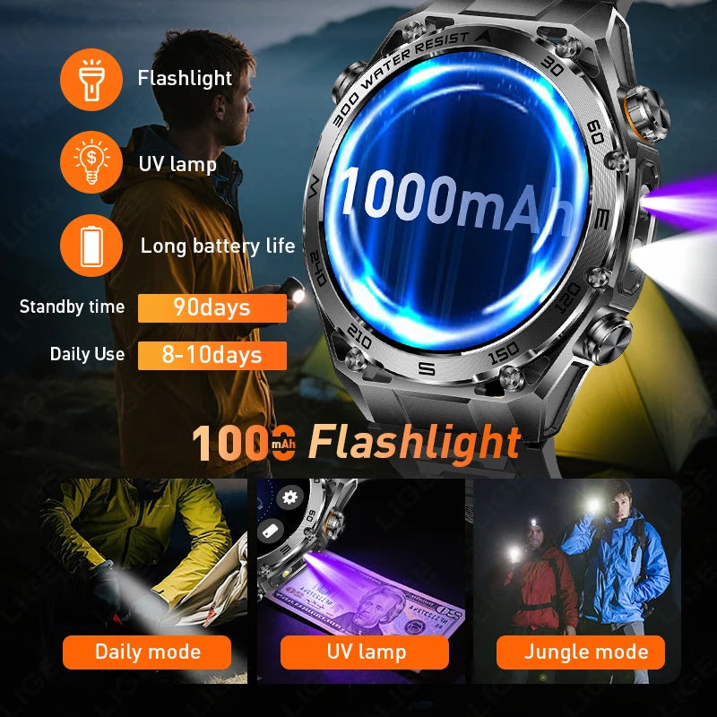 LIGE Smart Watch – 1.53" Round, 1000mAh Battery, LED Flashlight, Bluetooth Calling, IP68