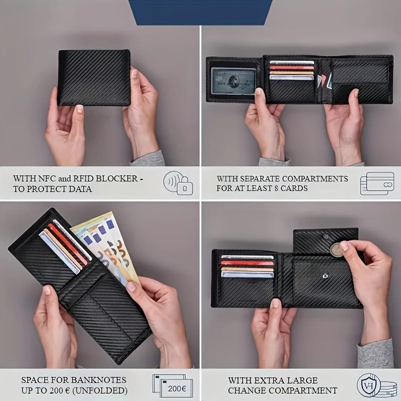 Men's RFID Bifold Wallet | Carbon Fibre Texture | 9 Card Slots