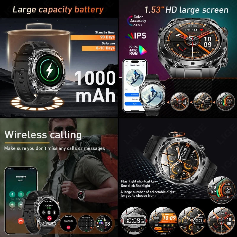 LIGE Smart Watch – 1.53" Round, 1000mAh Battery, LED Flashlight, Bluetooth Calling, IP68