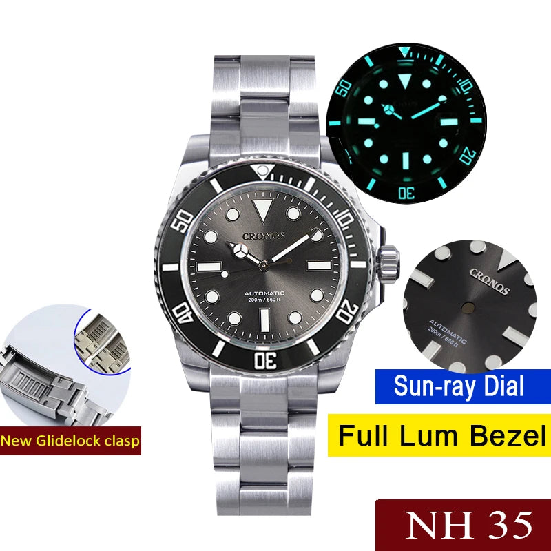 Cronos L6015 40mm Dive Watch – NH35, Ceramic Bezel, BGW9 Lume, 200m, Glidelock Clasp