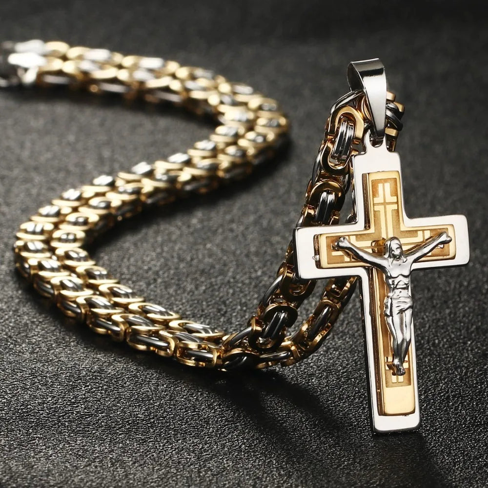 Diyalo Men's Stainless Steel Jesus Christ Holy Crucifix Cross Pendants Necklaces Orthodox Long Chain Necklaces Boys Jewelry