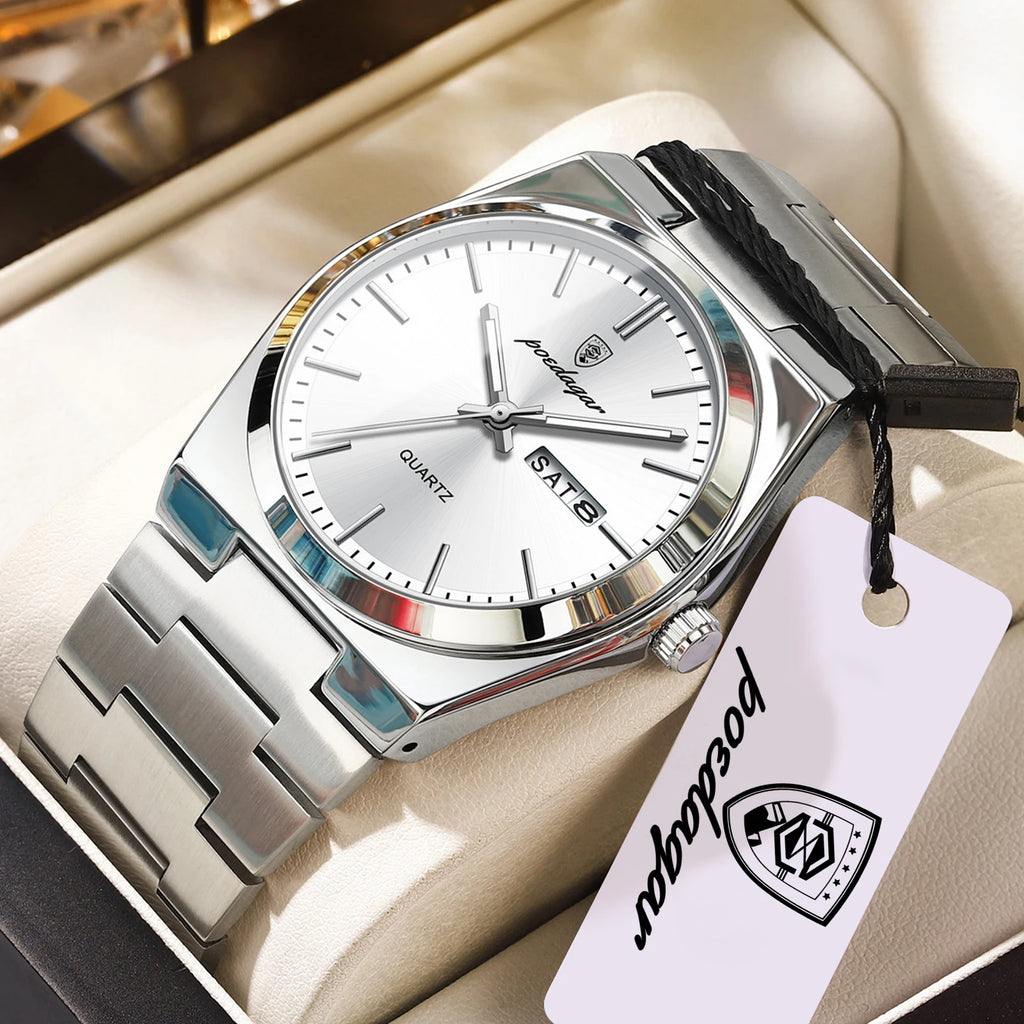 POEDAGAR Business Men Wristwatch Waterproof Stainless Steel Luminous Man Watch Date Week Fashion Quartz Men's Watches Male Reloj