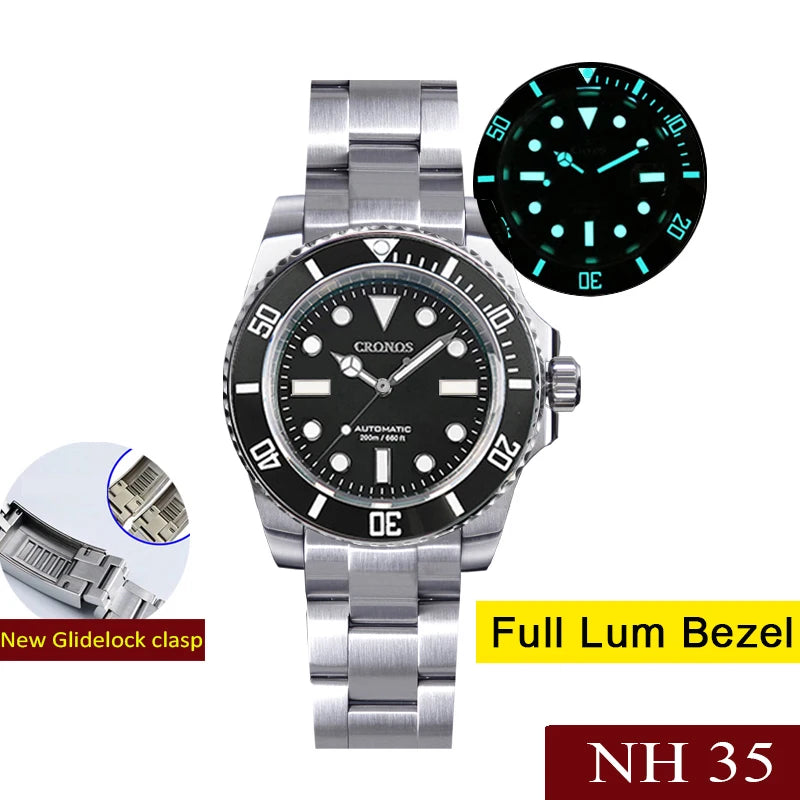 Cronos L6015 40mm Dive Watch – NH35, Ceramic Bezel, BGW9 Lume, 200m, Glidelock Clasp