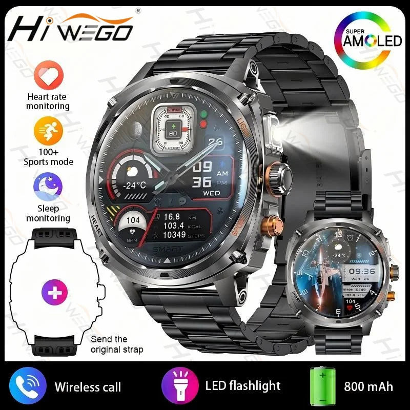 Hiwego Outdoor Smartwatch | 800mAh, 1.75" AMOLED, IP68, GPS & LED Flashlight