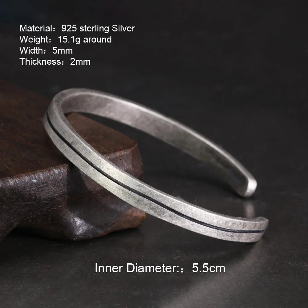 S925 Sterling Silver Viking Open Cuff Bangle — Handcrafted