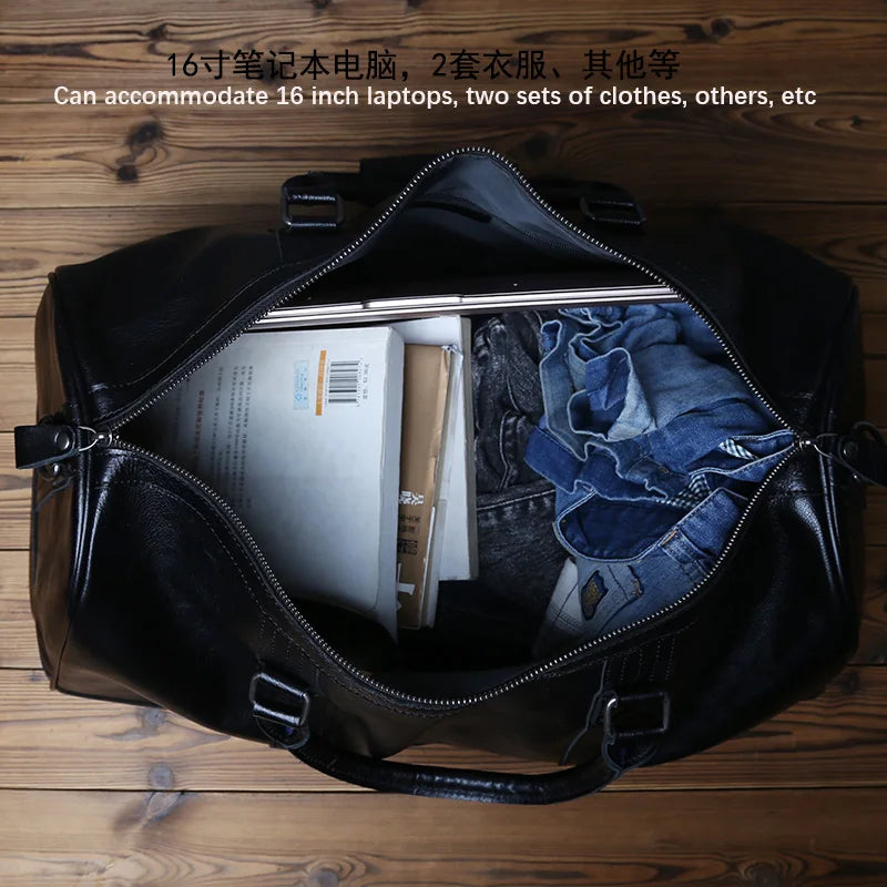 Men's Genuine Leather Travel Duffle Bag – Large Capacity Natural Cowhide, 16" Laptop, Weekend Bag