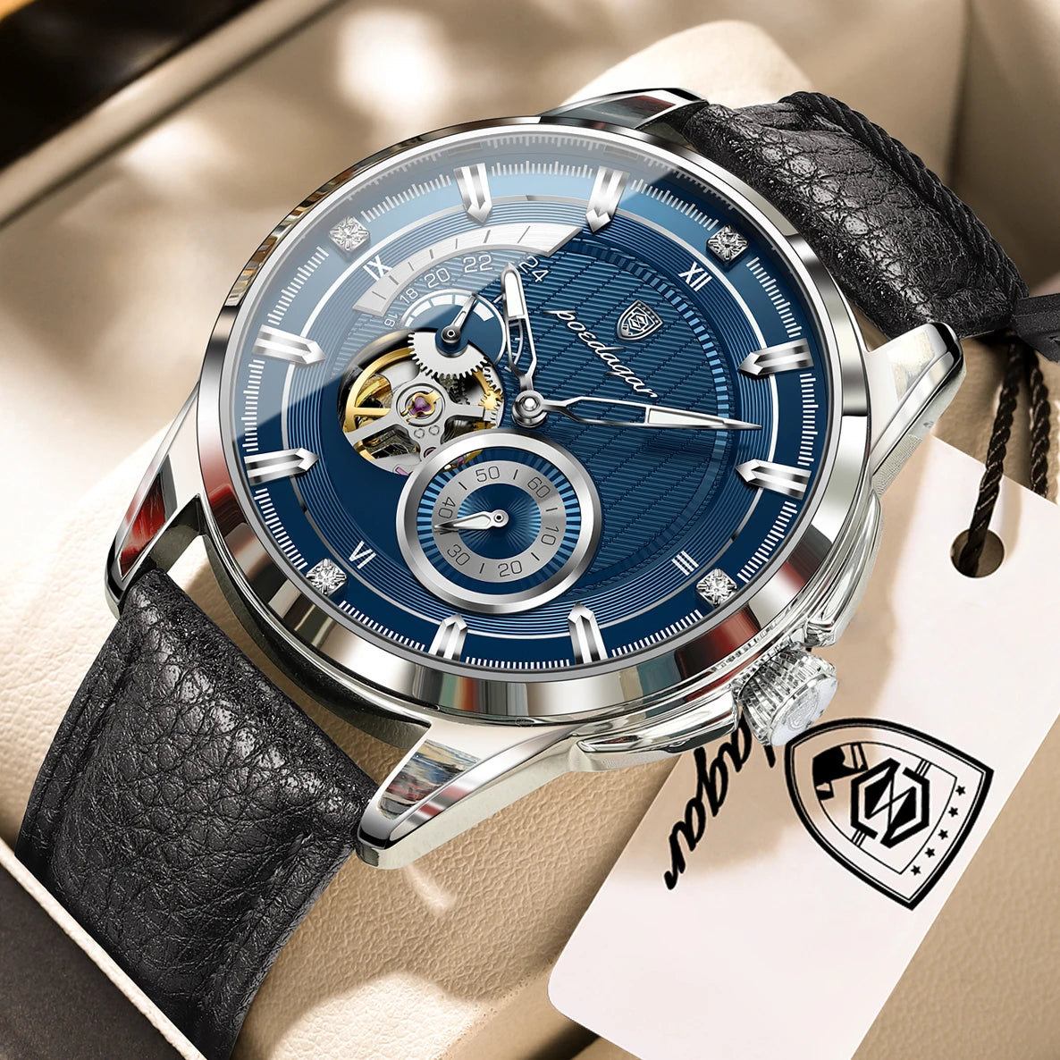 POEDAGAR High Quality Luxury Men Watch Fashion Hollow Tourbillon Man Clock Automatic Mechanical Leather Men's Watches Male Reloj