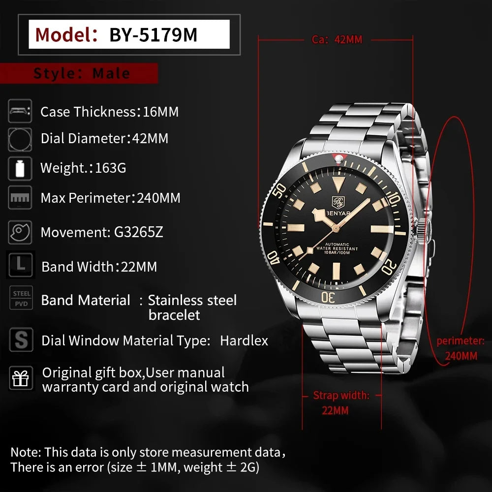 BENYAR BY-5179M Automatic Watch — BB58-Inspired Sport & Business, Super-LumiNova, 50M