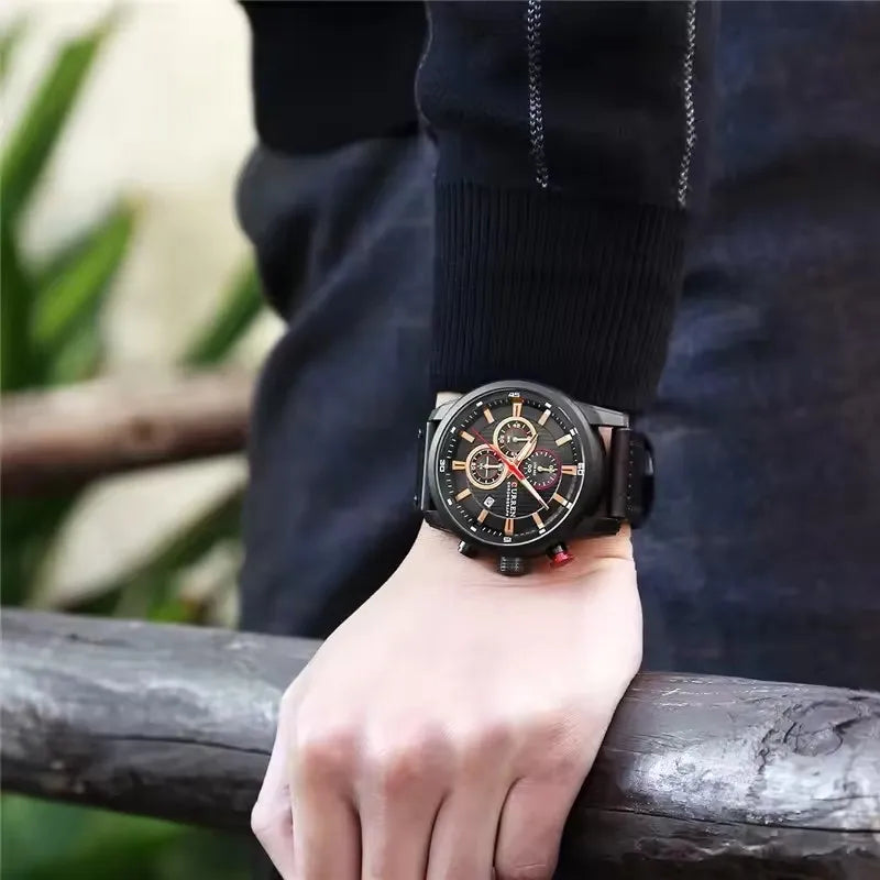 CURREN 8291 Chronograph Sport Watch | Quartz | Luminous | Leather Strap | Date