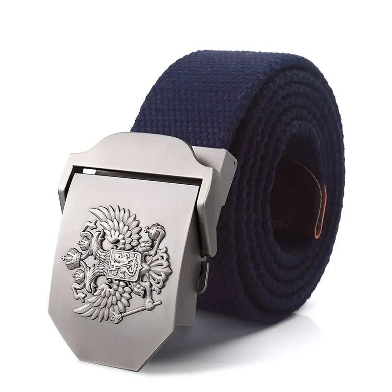 Men's Canvas Military Belt – Russian Emblem Silver Buckle