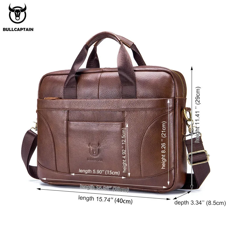 BULLCAPTAIN Genuine Leather Briefcase | 14" Laptop Bag with Detachable Shoulder Strap
