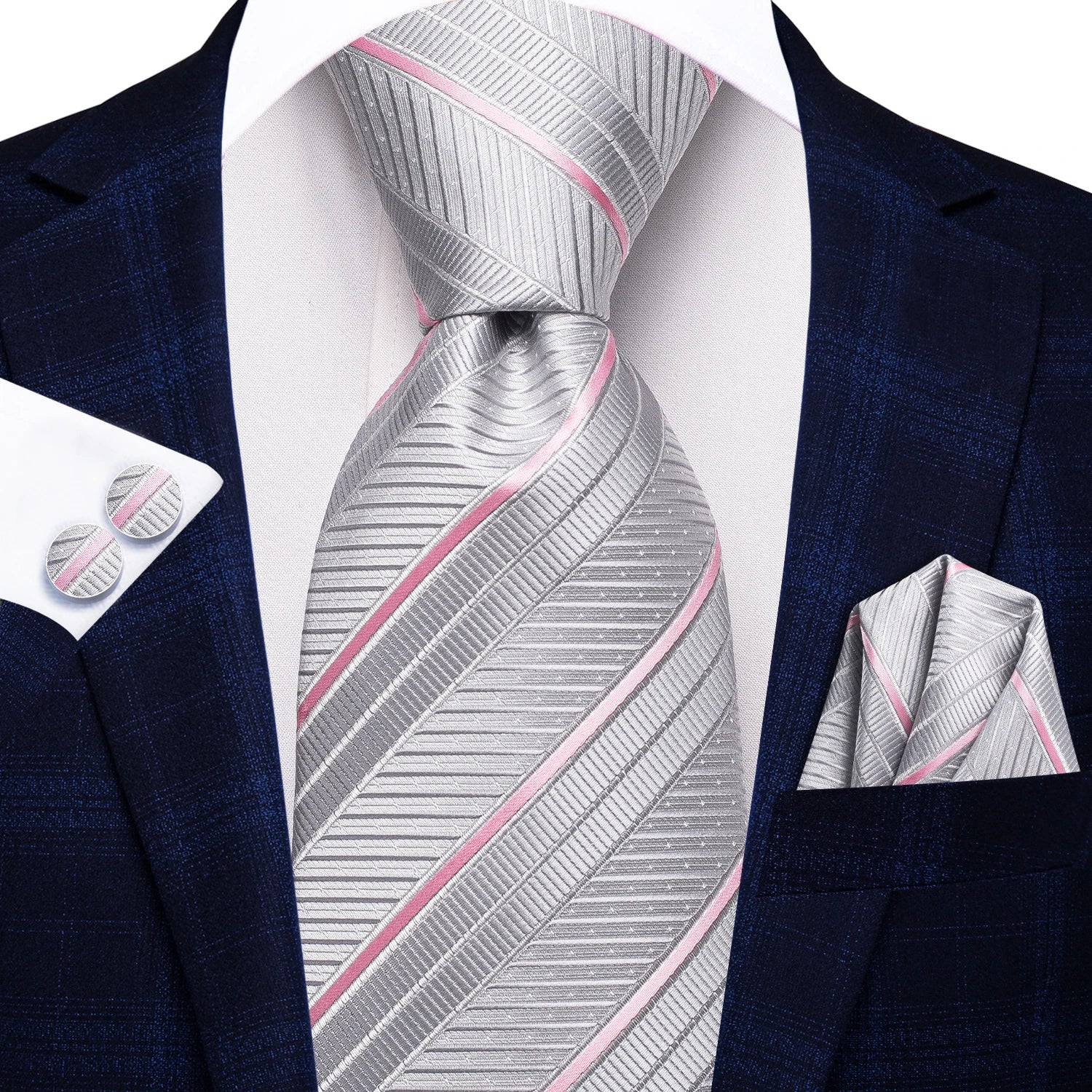 Hi-Tie Men's Striped Silk Necktie Set – Tie, Pocket Square & Cufflinks | Extra Long 170cm