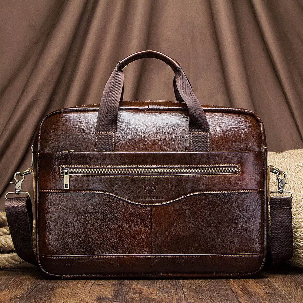 Genuine Leather Briefcase for Men — Business Shoulder & Messenger Bag with Laptop Compartment