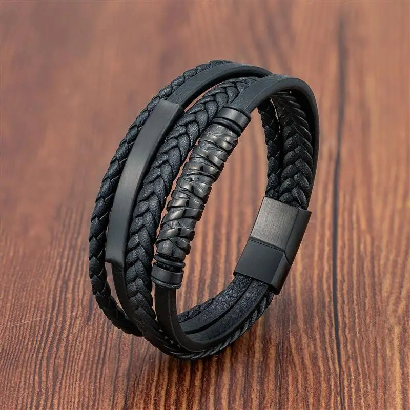 Men's Viking Multilayer Leather Bracelet – Stainless Steel Insert, Punk Bangle