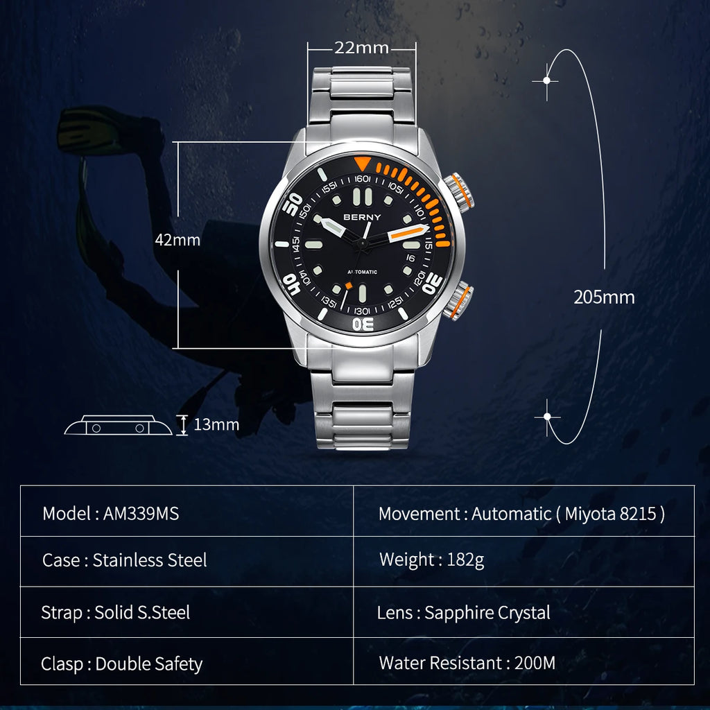 BERNY AM339M Automatic Dive Watch – Miyota 8215, Sapphire Crystal, 200m Water Resistant