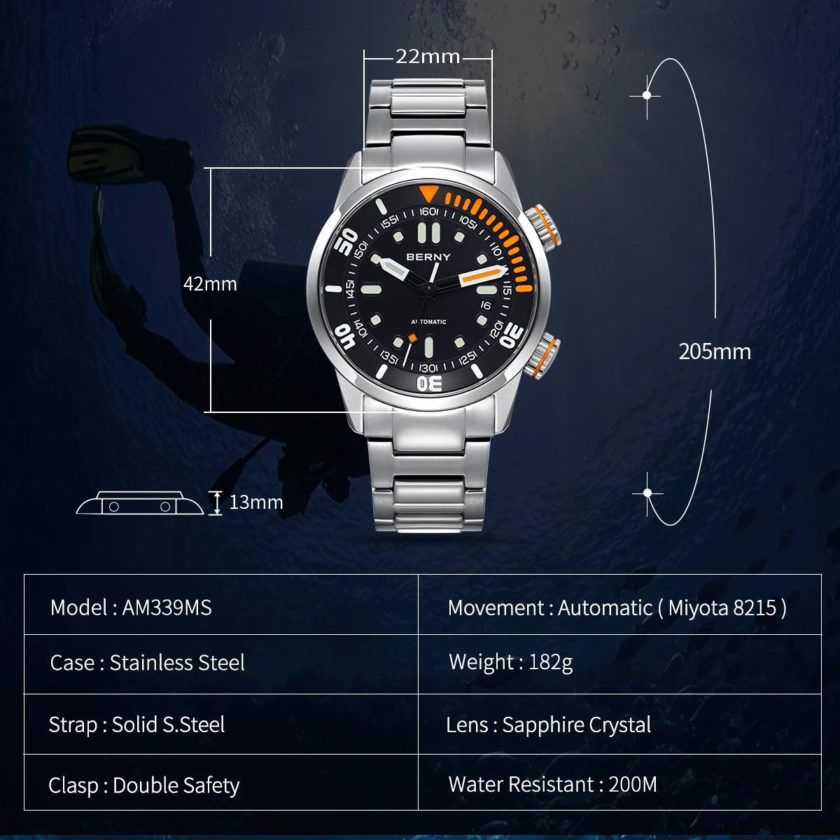BERNY AM339M Automatic Dive Watch – Miyota 8215, Sapphire Crystal, 200m Water Resistant