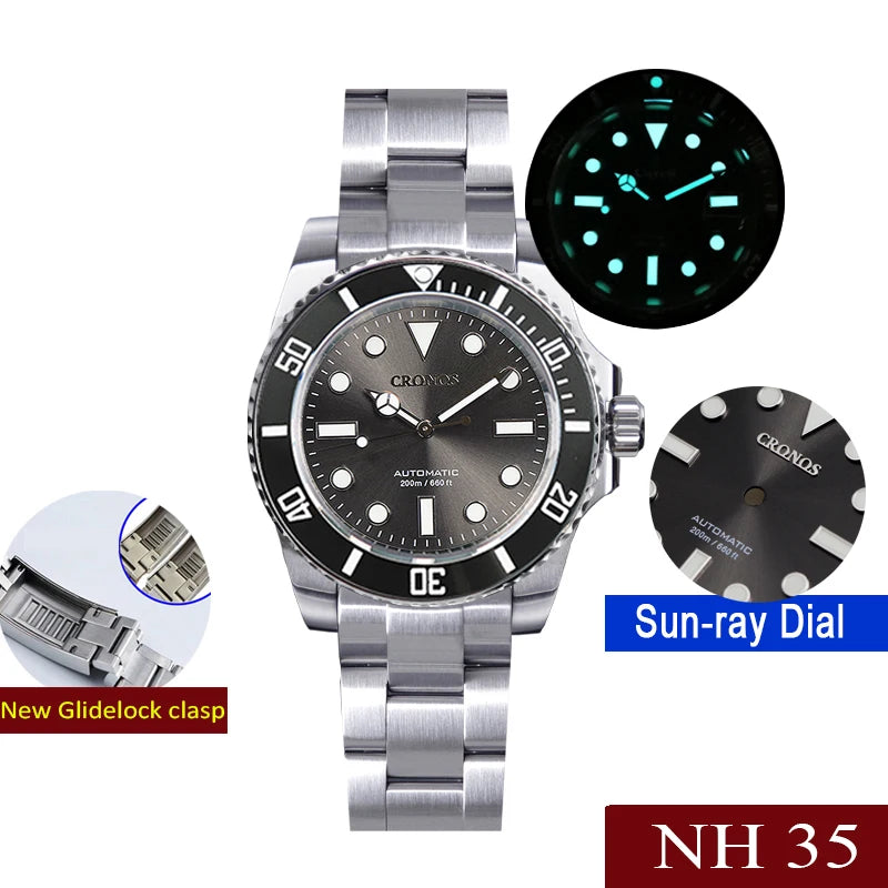 Cronos L6015 40mm Dive Watch – NH35, Ceramic Bezel, BGW9 Lume, 200m, Glidelock Clasp
