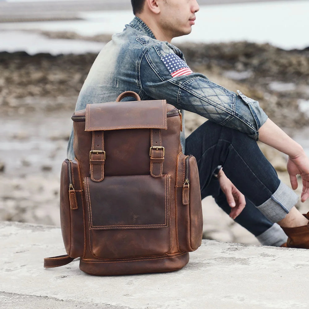 Retro Large Capacity Crazy  Leather Backpack Men's Top Layer Cowhide Outdoor Travel Bag Comfortable Shoulder Straps