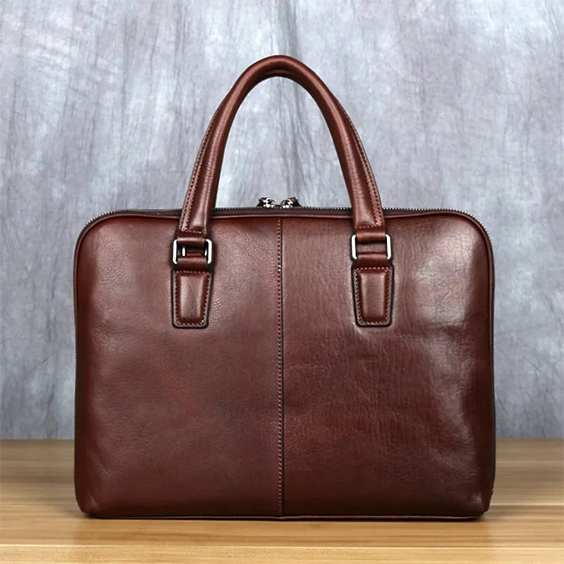 Vintage Men's Briefcase Top Layer Cowhide Casual Handbag Leather Business Shoulder Messenger Bag Brown 14 Inch Laptop Bag NZPJ