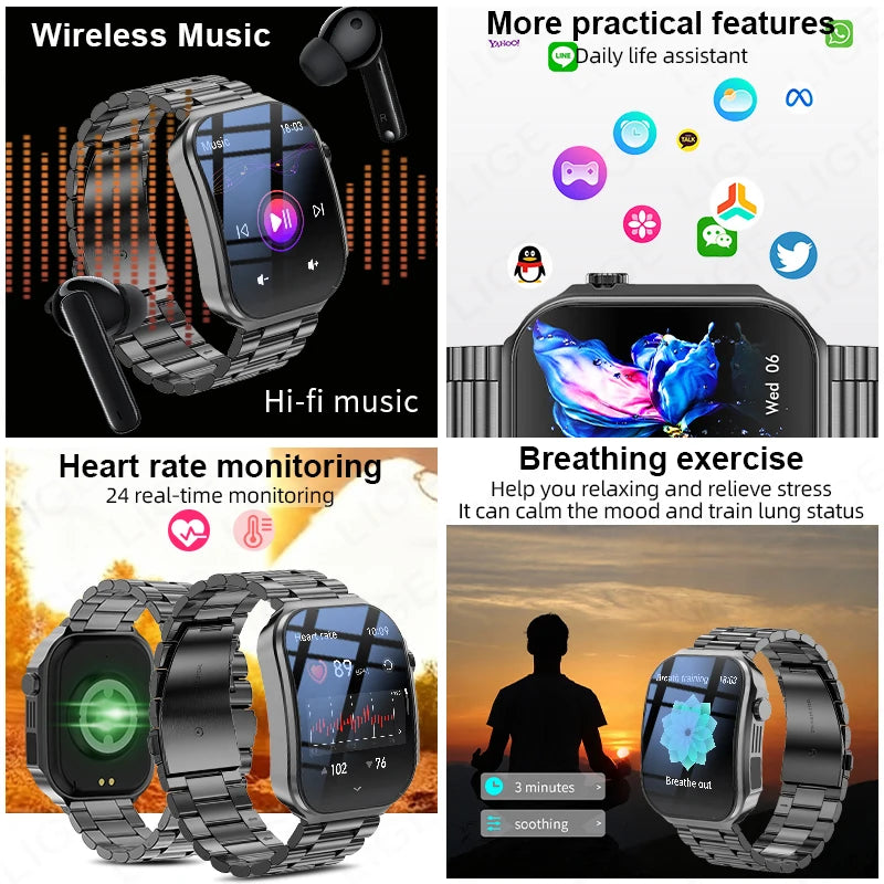 LIGE Smart Watch – 2.2" 3D Curved Display, Body Temp, Bluetooth Calling, IP67