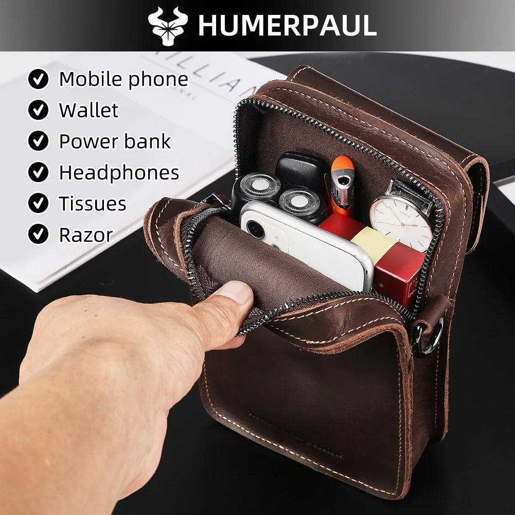 Crazy Horse Leather Waist Bag for Men — Multifunctional Phone Pouch & Shoulder Pack