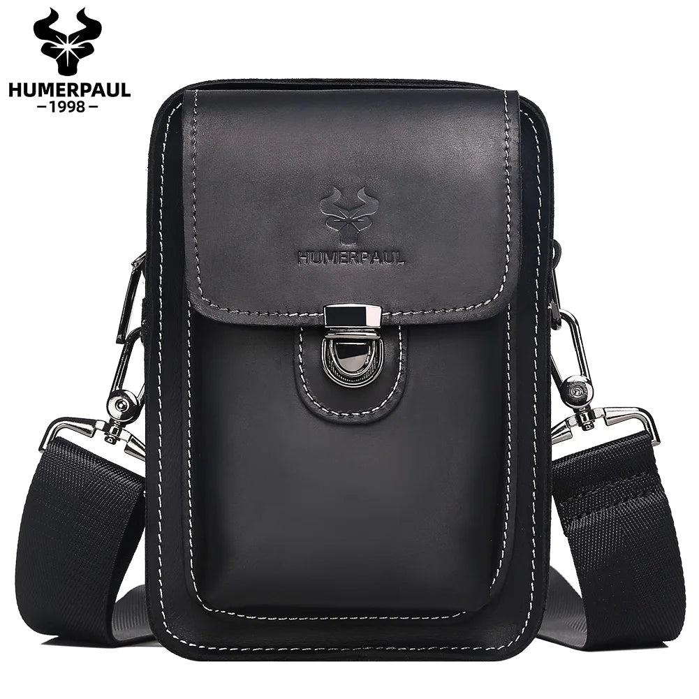 Crazy Horse Leather Waist Bag for Men — Multifunctional Phone Pouch & Shoulder Pack