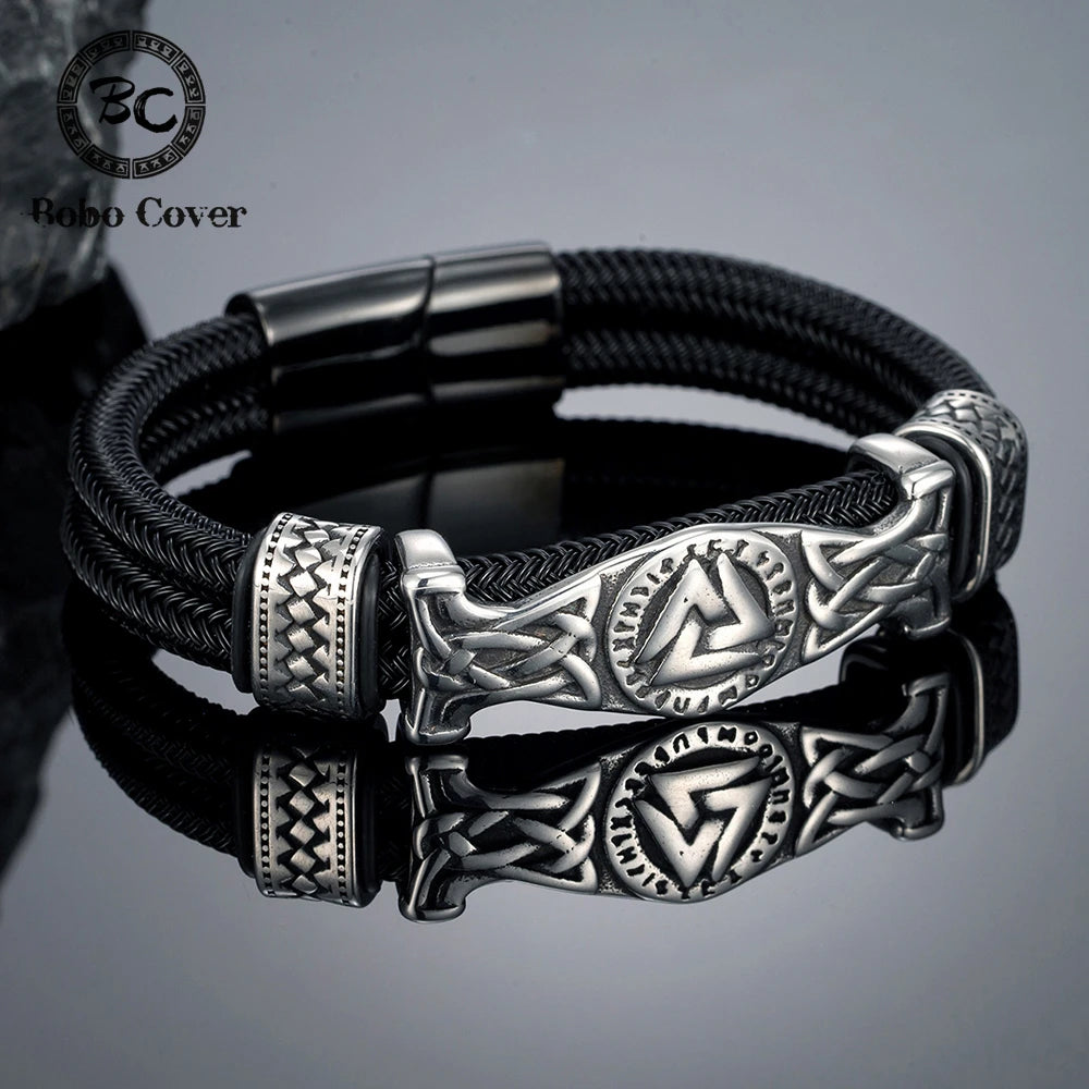 Stainless Steel Norse Runes Valknut Bracelets Men Unfading Double-Layer Wire Rope Bangle Charm Vikings Jewelry Luxury Male Gifts