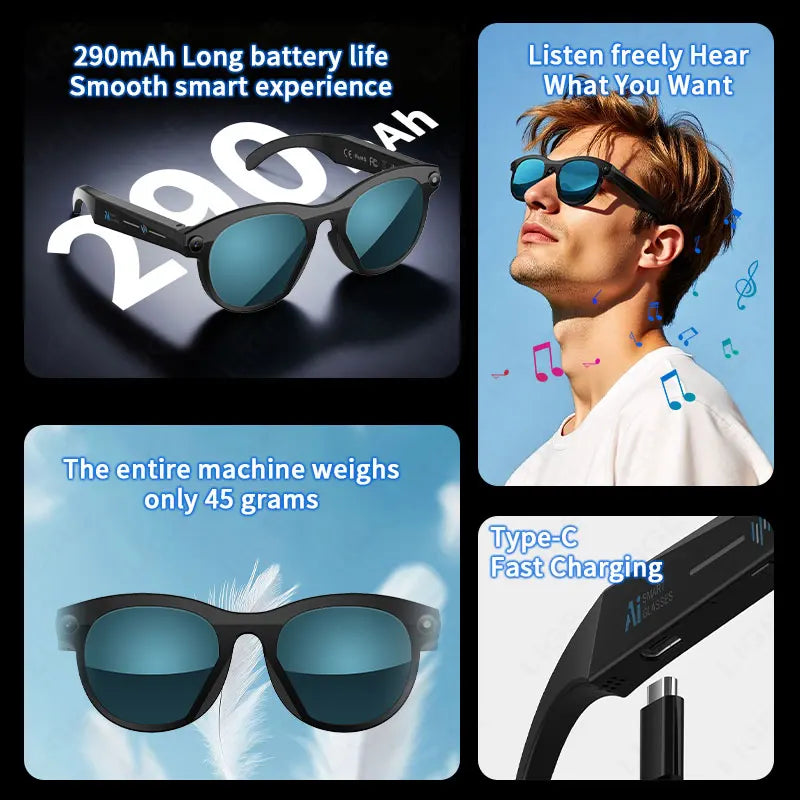 LIGE AI Smart Glasses – Round Frame, LED Flash, AI Translation, Wi-Fi, 2 Lens Pairs