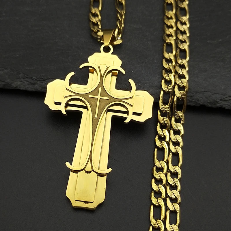 Men's Multilayer Cross Pendant Necklace – Hip-Hop Stainless Steel, Gold & Silver